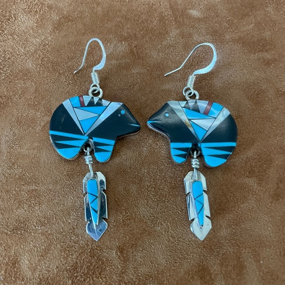Native American Sterling Silver Turquoise Medicine Bear Earrings w/ Feathers - Picture 3 of 3